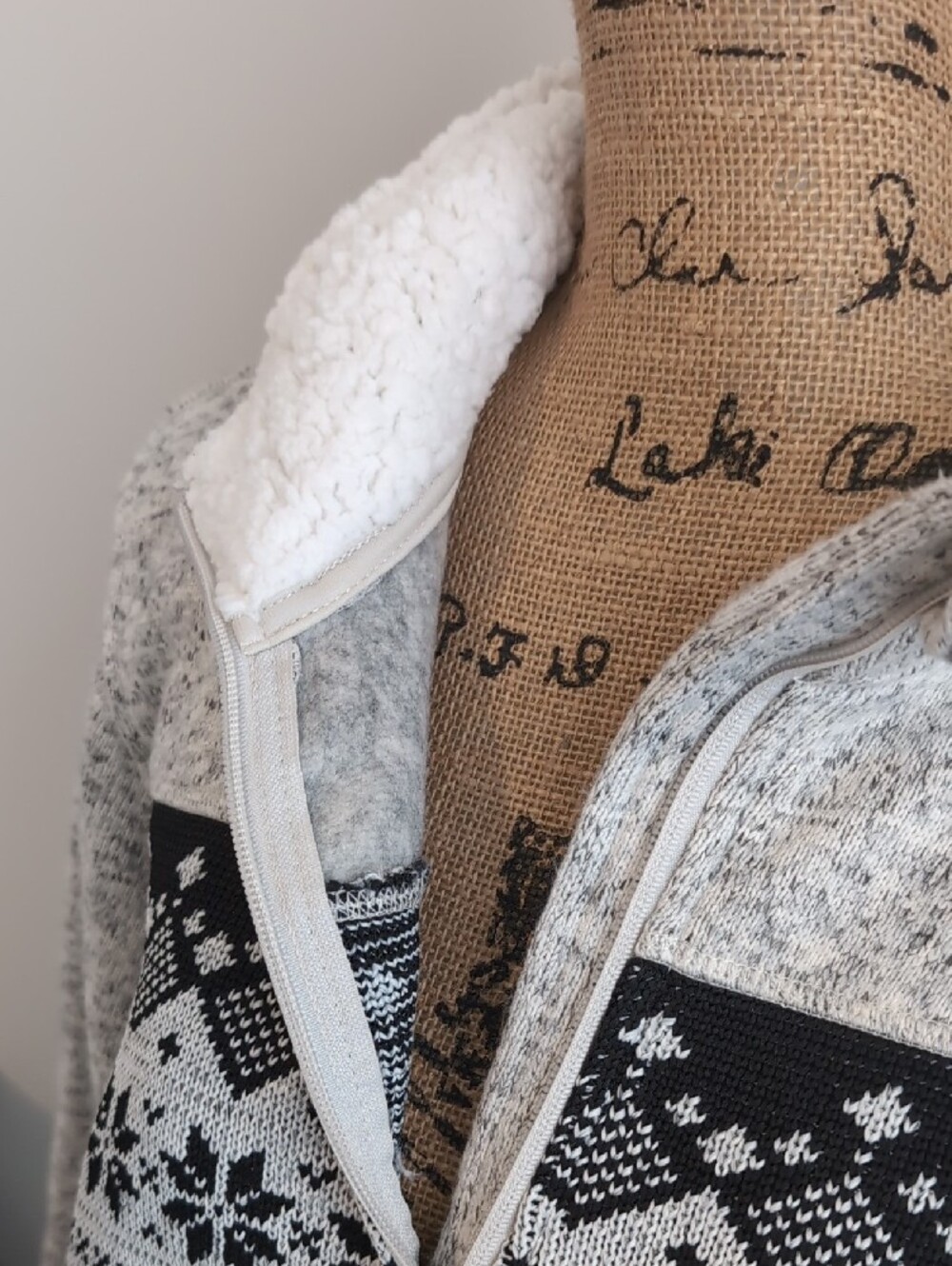 Faded Glory Light Gray Zip-Up Sweater with Black Fair Isle Band - Picture 3 of 4